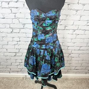 Vintage 1980's Strapless Dress Positively Ellyn Size 7/8 Blue Floral Peplum